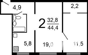 2-к квартира, на длительный срок, 42м2, 2/4 этаж
