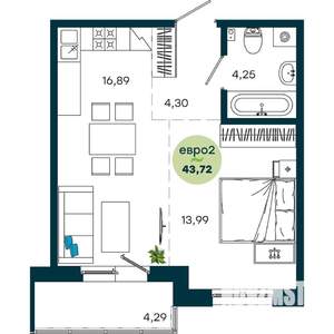 1-к квартира, строящийся дом, 44м2, 5/19 этаж
