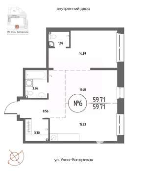 2-к квартира, строящийся дом, 60м2, 2/20 этаж