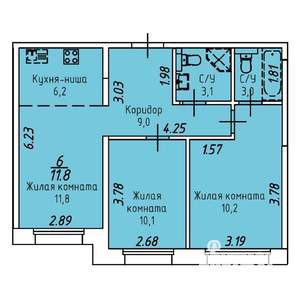 3-к квартира, строящийся дом, 53м2, 9/19 этаж