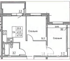 2-к квартира, вторичка, 47м2, 9/9 этаж