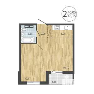 2-к квартира, строящийся дом, 43м2, 14/19 этаж