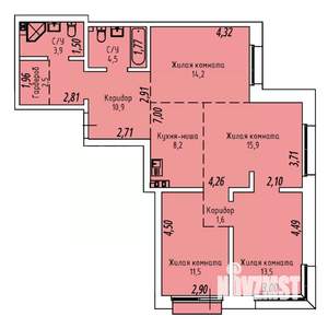 4-к квартира, строящийся дом, 88м2, 8/19 этаж