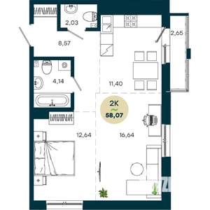 2-к квартира, строящийся дом, 58м2, 5/19 этаж