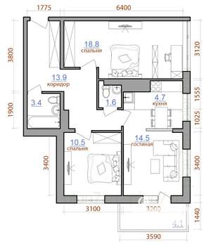 3-к квартира, строящийся дом, 72м2, 2/13 этаж