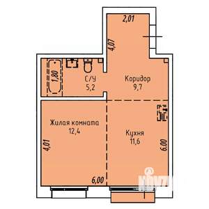 1-к квартира, строящийся дом, 40м2, 10/19 этаж