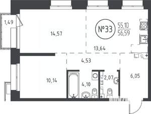2-к квартира, вторичка, 56м2, 6/19 этаж