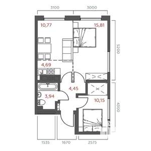 2-к квартира, строящийся дом, 50м2, 12/19 этаж