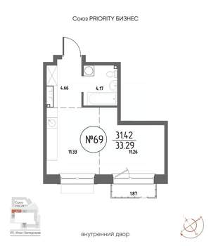 1-к квартира, строящийся дом, 33м2, 13/19 этаж