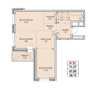 3-к квартира, строящийся дом, 71м2, 16/19 этаж