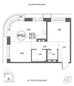 2-к квартира, строящийся дом, 62м2, 16/20 этаж