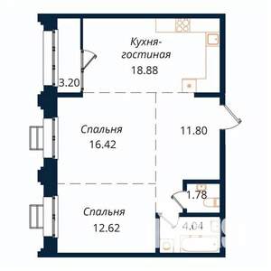 2-к квартира, строящийся дом, 69м2, 13/18 этаж