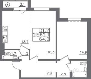 2-к квартира, вторичка, 64м2, 2/9 этаж