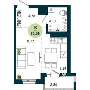 1-к квартира, вторичка, 32м2, 13/19 этаж