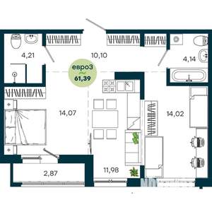 2-к квартира, строящийся дом, 61м2, 4/19 этаж