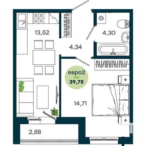 1-к квартира, строящийся дом, 40м2, 6/19 этаж