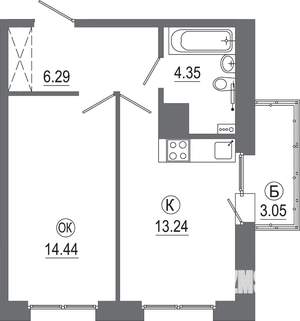 1-к квартира, вторичка, 41м2, 9/16 этаж