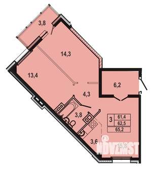 3-к квартира, строящийся дом, 65м2, 12/13 этаж