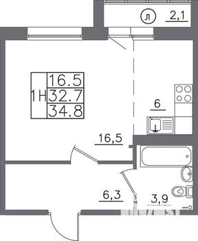 1-к квартира, вторичка, 35м2, 6/14 этаж