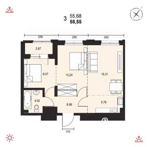 3-к квартира, вторичка, 59м2, 7/19 этаж