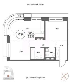 2-к квартира, строящийся дом, 62м2, 12/20 этаж