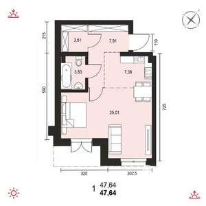 1-к квартира, вторичка, 48м2, 1/19 этаж