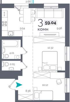 3-к квартира, вторичка, 59м2, 12/9 этаж