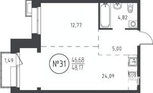 1-к квартира, вторичка, 48м2, 6/19 этаж