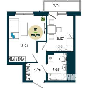 1-к квартира, строящийся дом, 35м2, 4/19 этаж