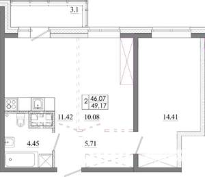 2-к квартира, строящийся дом, 49м2, 9/13 этаж