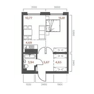 1-к квартира, строящийся дом, 46м2, 7/19 этаж