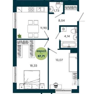 2-к квартира, строящийся дом, 58м2, 3/19 этаж