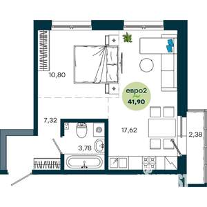 1-к квартира, строящийся дом, 42м2, 5/19 этаж