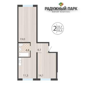2-к квартира, вторичка, 55м2, 1/16 этаж