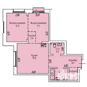 2-к квартира, строящийся дом, 65м2, 8/19 этаж