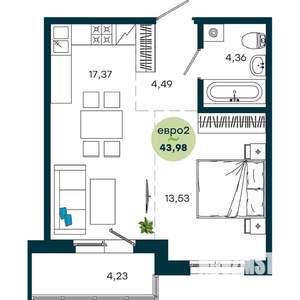 1-к квартира, строящийся дом, 44м2, 8/19 этаж