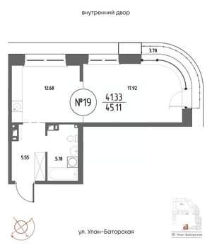 1-к квартира, строящийся дом, 45м2, 4/20 этаж