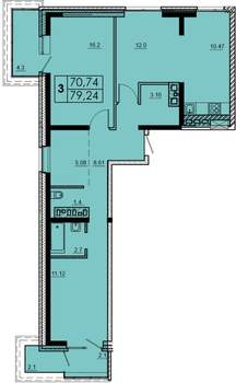 3-к квартира, строящийся дом, 79м2, 9/18 этаж