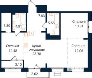 3-к квартира, строящийся дом, 95м2, 6/18 этаж