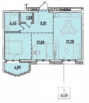 1-к квартира, вторичка, 62м2, 12/19 этаж