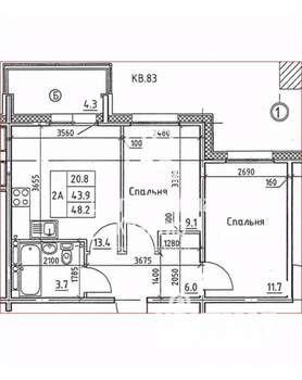 2-к квартира, сданный дом, 48м2, 4/9 этаж