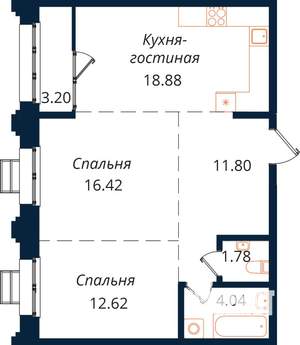 2-к квартира, строящийся дом, 69м2, 14/18 этаж