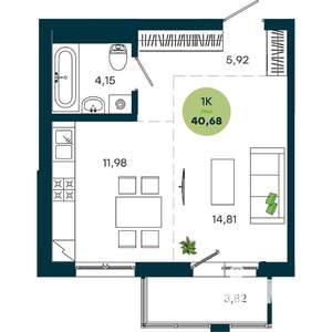1-к квартира, строящийся дом, 41м2, 10/19 этаж