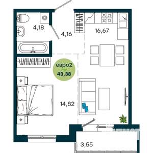 1-к квартира, строящийся дом, 43м2, 15/19 этаж