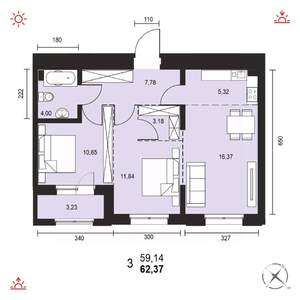 3-к квартира, вторичка, 62м2, 2/14 этаж