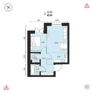 2-к квартира, вторичка, 43м2, 1/14 этаж
