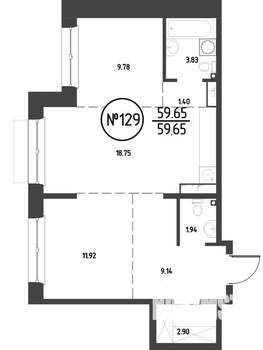 2-к квартира, строящийся дом, 60м2, 13/19 этаж