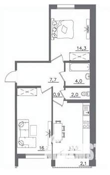 2-к квартира, сданный дом, 61м2, 6/9 этаж