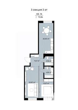 2-к квартира, вторичка, 73м2, 3/9 этаж