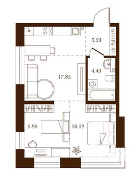 2-к квартира, строящийся дом, 46м2, 3/4 этаж